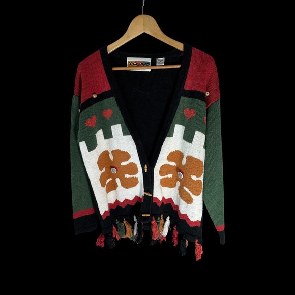 Yo Yo Cotton/Ramie Oversized Vintage Tassel Trim Cardigan Sz S - Picture 2 of 7